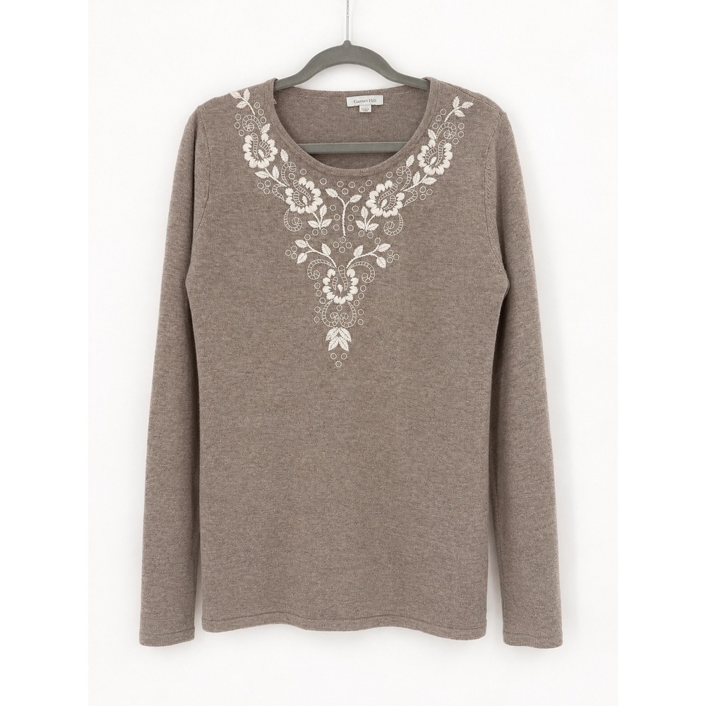 Garnet Hill Sweater Womens M Taupe Floral Embroidered‎ Cashmere Blend  Lambswool